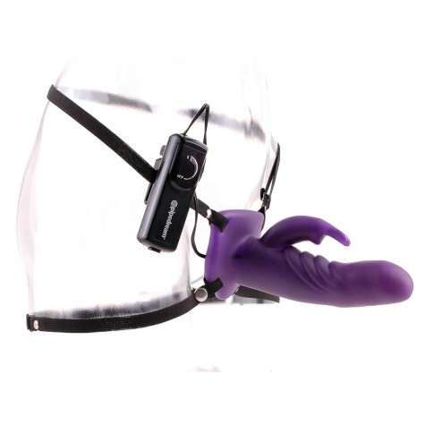 Фиолетовый полый страпон с вибрацией и клиторальным стимулятором Wonderful Wabbit Hollow Strap-on - 18 см.